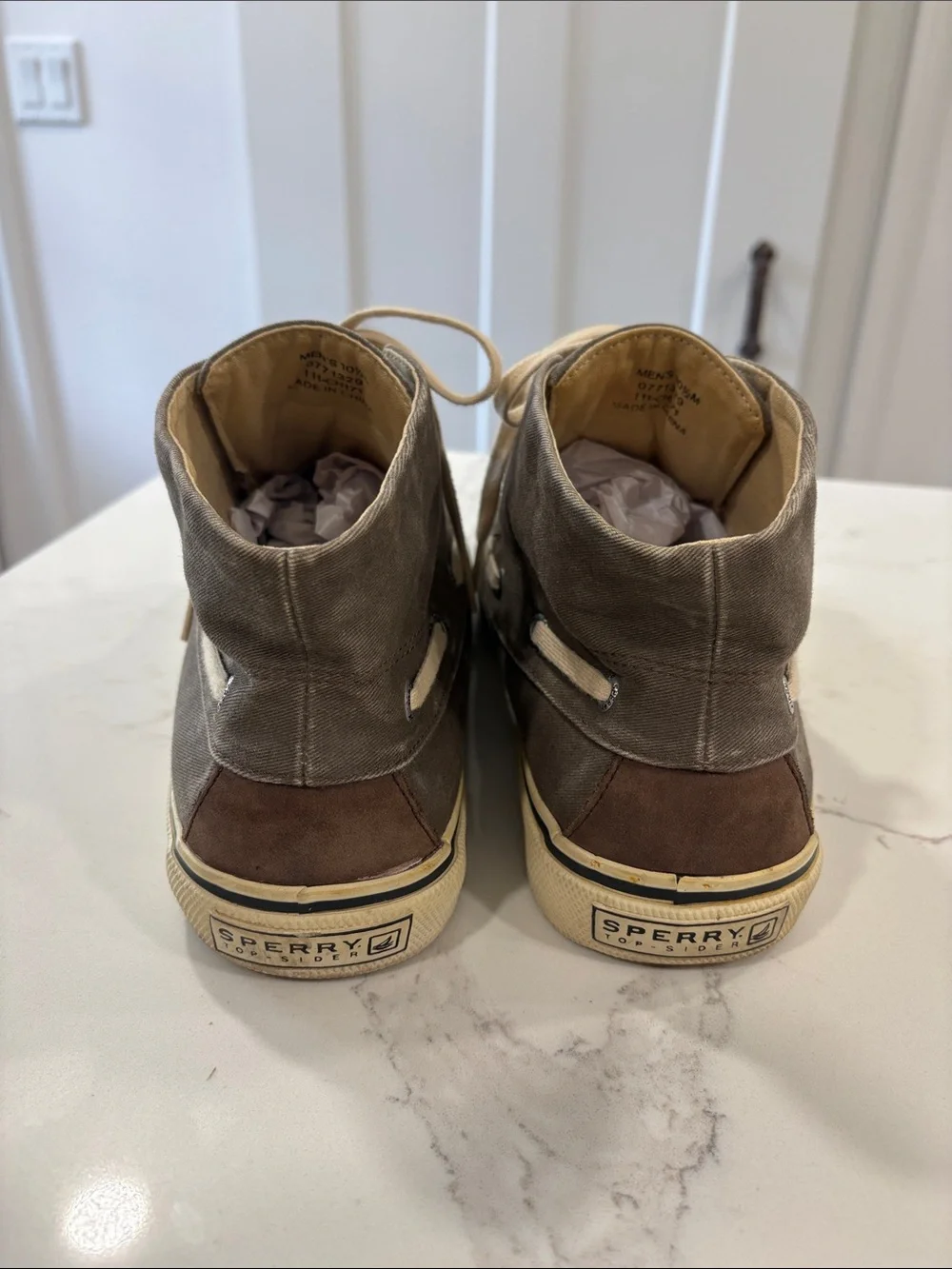Sperry Men's Taupe Grey Canvas High-Top Boat Shoes Size 10.5